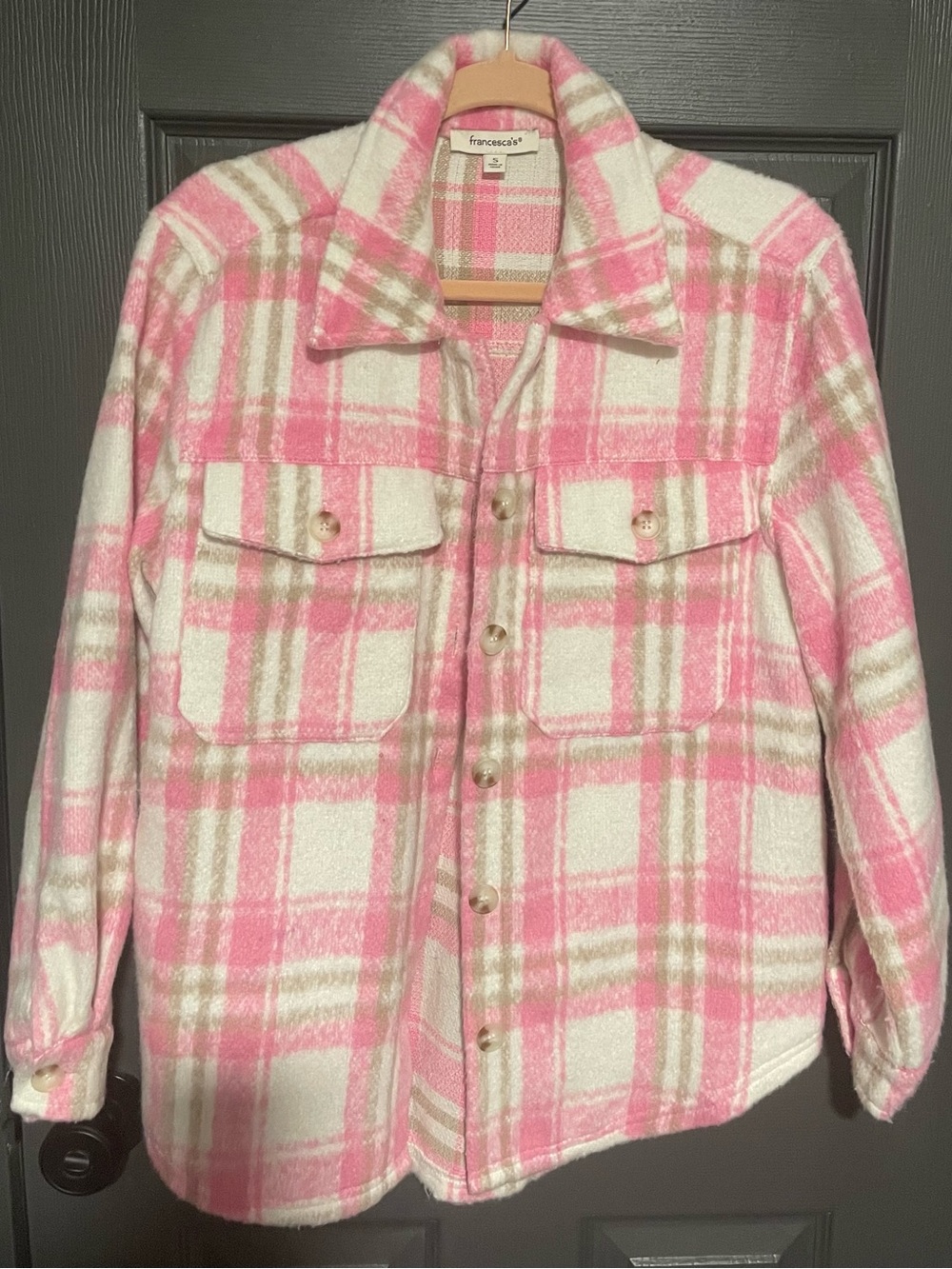 Francesca's Collections Pink and Cream Plaid Utility Shacket